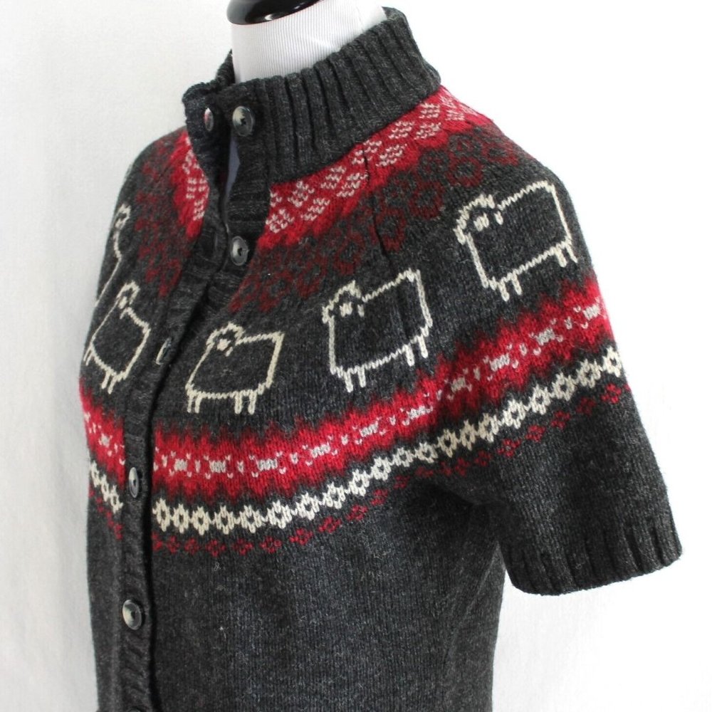 Woolrich Wool Blend Sweater Womens Size M Gray Red Sheep Short Sleeve Cardigan - Picture 4 of 8